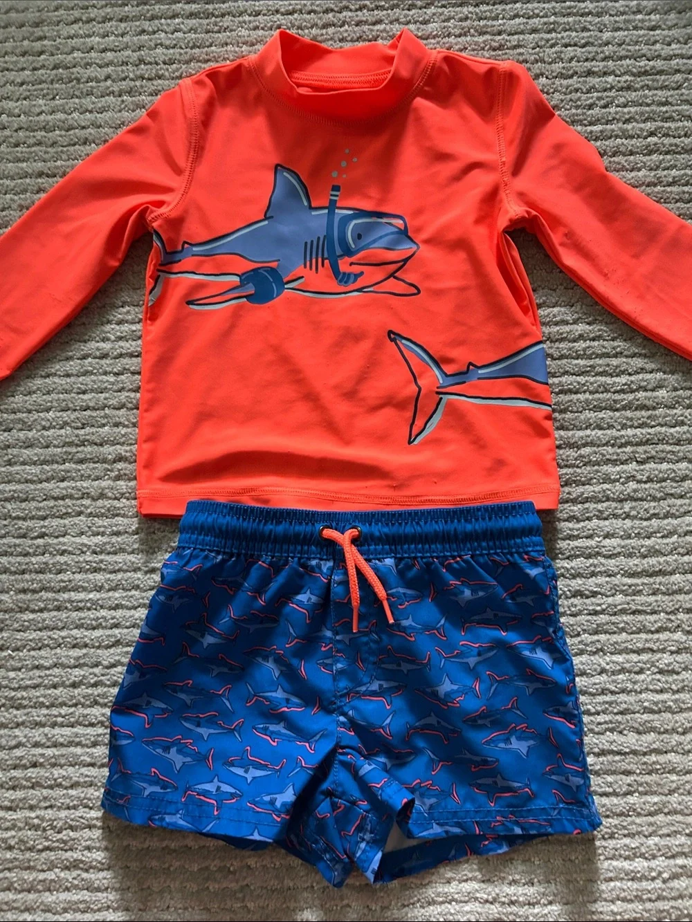 Kids Orange & Blue Shark Rash Guard Swim Set